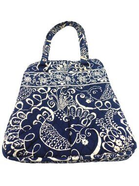 Vera Bradley Twirly Birds Blue White Quilted Tote Bag Purse Floral Flower